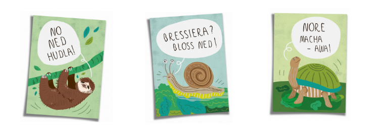 Drei Postkarten mit einem Faultier, einer Schnecke und einer Schildkröte, die Schwäbisch schwätzen